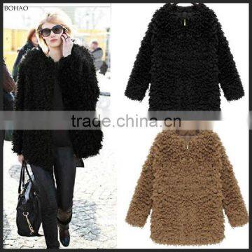 2015 Stylish Imitation Lamb Wool Women Winter Faux Fur Long Overcoat