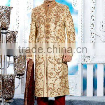Beige Jari Jamewar Silk Fabrics Sherwanis