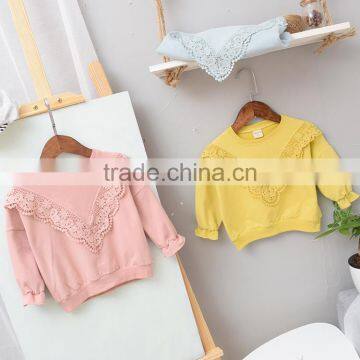 Sweet style solid color lace stitching wholesale baby girl sweatshirt