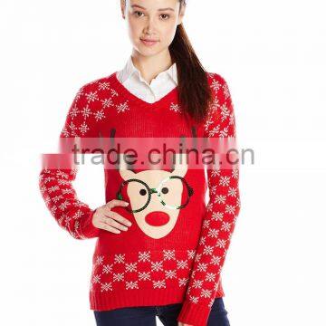 Women Red Sweater Sequined Glasses Santa Reindeer Pattern Christmas Souviners