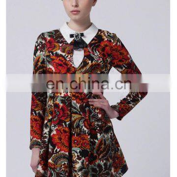 European Vintage Charming Bodycon Long Sleeve Contrast Collarr Newest Floral Printed Dress For Winter And Autumn