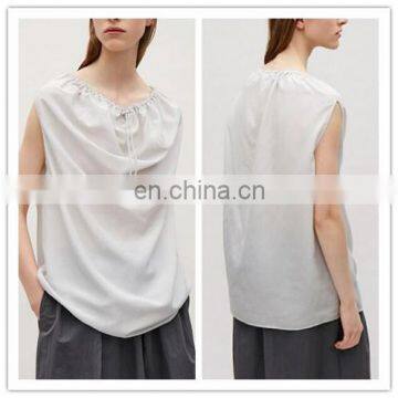 Sleeveless Ribbed Texture Drawstring Neckline Silk Linen Top for Women