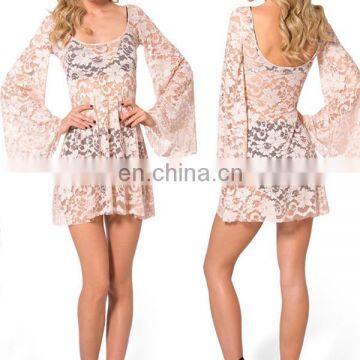 Back scoope neck Transparent Sexy woman lace tunic dress with horn shape sleeves