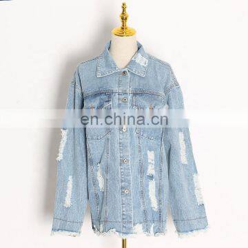 TWOTWINSTYLE Denim Coat Female Lapel Long Sleeve Ruched Hole Frayed Jacket Female Oversized