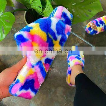 2020 new  fur shoes Multicolor women fur slides  Fluffy fashion fox fur pom poms slippers flat pump shoes winter sandals