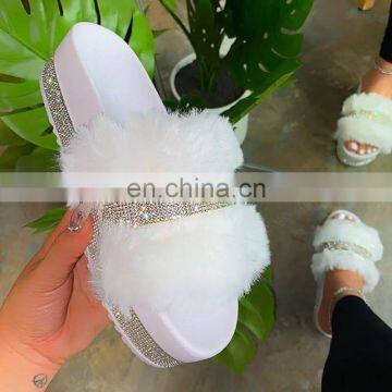 2020 New Thick Bottom Slippers Women's Faux Fur Diamond Slippers Flat Outdoor Platform Shoes Women's Sandals photo-5