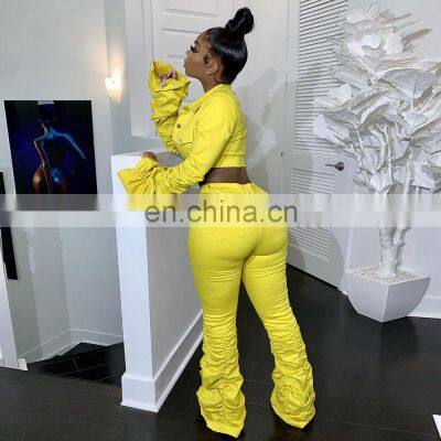 Wholesale Custom Fashion Folding Flared Sleeve Stacking Pants Sportswear Home Wear Casual Jogging Suit Suit photo-2