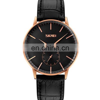 OEM custom logo men quartz watch wholesale Skmei 9273 genuine black leather men casual wristwatch