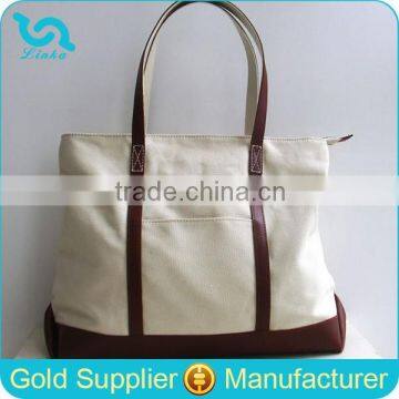 Quality Plain White Canvas Tote Bag Blank Tote Bag With Genuine Leather Handles