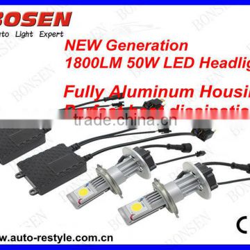 fully aluminum 50W 3600 Lumen H7 LED Headlight with cree 1512