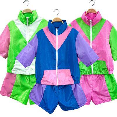 Adult Women And Man 80s Tracksuit Retro Hip Hop Windbreaker Disco Tracksuit Sets Color Block Outfits For Women