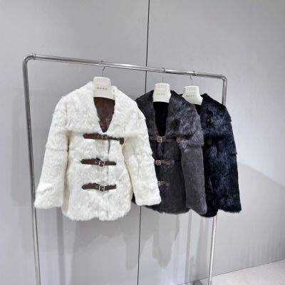 High end new Chinese style rabbit fur fur fur integrated lapel grass jacket, medium to long, Chinese style versatile
