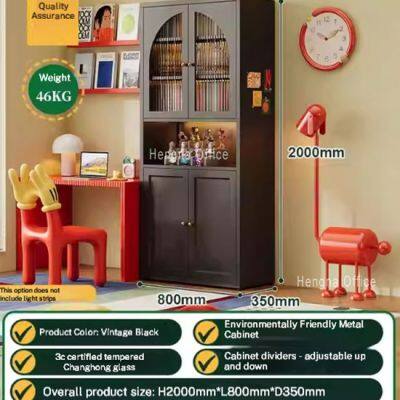 Vintage Metal Glass Bookcase With Curved Glass Door for Study Room | 3C Certified Tempered Glass & Adjustable Shelves