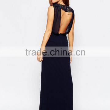 ladies Open Back Sleeveless Maxi Dress With Lace Trim And Thigh Split