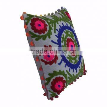 Indian Suzani Cushion Cover 16x16 Pom Pom Pillowcases Boho Throw Pillows photo-5
