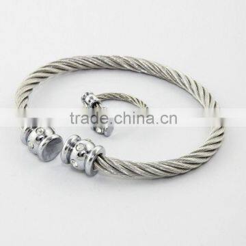 2014 new arrival stainless steel jewelry Steel cable wire CZ bangle jewelry sets bangle and ring China supplier