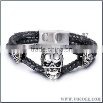 Silver stainless steel skull black genuine leather bracelet for men 2016