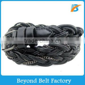 Women's 1" Wide Web Woven Braided Chain Black Faux Leather Belt