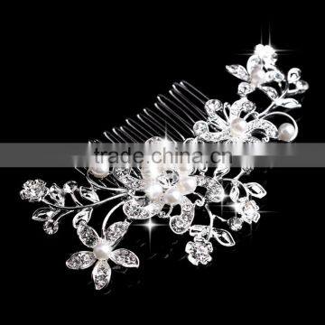 Double layer pearl flowers tree with crystal leaf big silver wedding hair comb for women