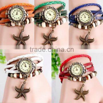 Wholesale Women Leather Vintage Retro Watch bracelet Five Star Charm Watches