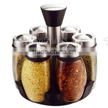 SINOGLASS 6 jars stainless steel cap with lazy susan triangular spice jar rack set