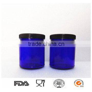 9oz Glass jar straight side with matel or plastic cap/cobalt blue glass raw material