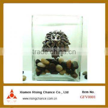 Square Glass Vase with Metal Lion Head