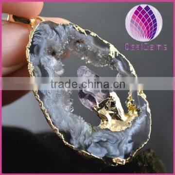 2016 hot sale natural druzy agate geode with amethyst pendant