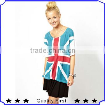 2013 high fashion design women half sleeve tops and blouse Oversized Union Jack T-Shirt blouse print front shkz88