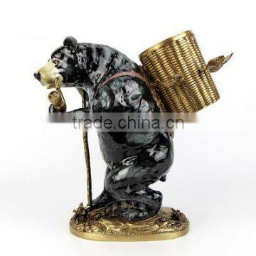 Lovely Ceramic Bear Carring Bronze Basket Decorative Wine Bottle & Glasses Holder, Imitated Porcelain Bear With Brass Wine Rack photo-5