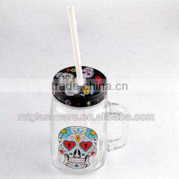 Halloween Smile Skull Decal Glass Mason Jar With Handle 16oz photo-2