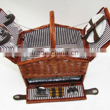 Factory wholesale Outdoor honey color wicker Picnic handle Basket with lid and liner