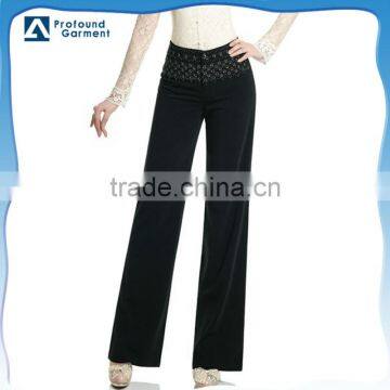 Latest design fashion rhinestones beaded embroidery design mid waist long women plus size pants