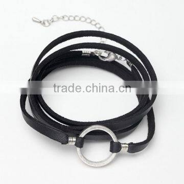 multi wrap alloy circle charm genuine leather bracelets quality black wraps leather bracelets for her gifts 2017