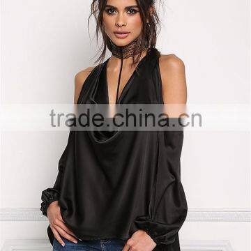 MGOO Custom Made 2017 100% Polyester Satin Silky Blouses Custom Factory Cowl Neck Tops Plain Long Sleeves Shirts photo-2
