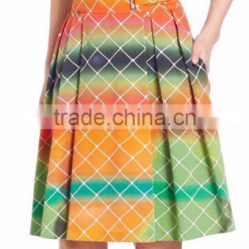 2016 Express Multi Color A-line High-Rise Waist Pleated Cotton Net-Print Midi Knee Length Skirt photo-5