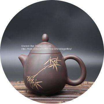 Bamboo Engraving Purple Clay Teapot Pottery Tea Ware Gift Box