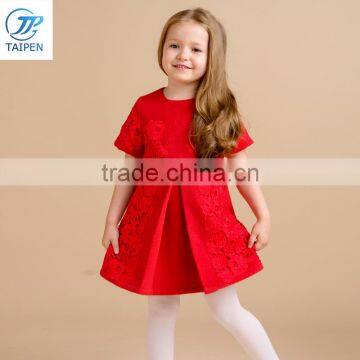 Girls Red Color Party Dress Kids Short Sleeve Woolen Frock With Boutique Lace Designs For Girl photo-3