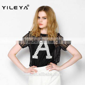 Hollow Out Net Designed Sports Style Latest Summer Fashion Women Blouses Elegant, Lace Embroidery Blouse photo-3