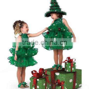 2017 New !!-Christmas green tree three layers kids dress