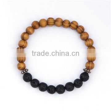 Stone Lava Wood Beaded Healing Bracelet Antique Silver Gear Black & Brown Elastic 23.5cm long