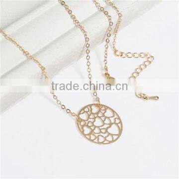 New Fashion Copper Filigree Stamping Necklace Link Cable Chain Gold Plated Round Pendant Heart Carved Hollow 40.5cm Long photo-2