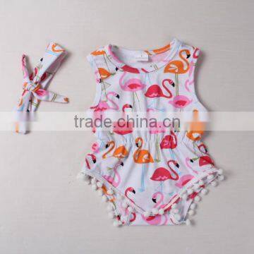 Factory made pink baby girl summer flamingo romper with headband