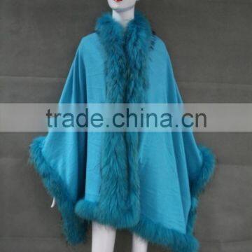 Customized poncho cape design raccoon fur trim cotton cape