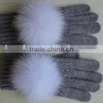 mittens knitted gloves with big fox fur pompon/ Fashion warmer knitted fur ball gloves