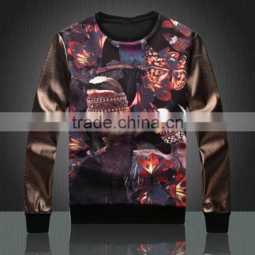 Leather sleeve round neck sweatshirt with digital printing