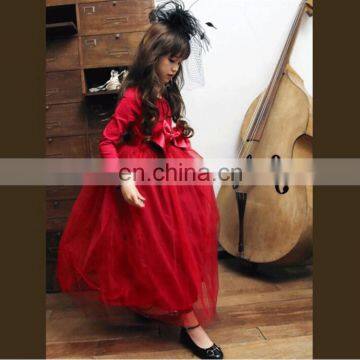 Country Red Bow Tulle Dress Girls Christmas Dress Long Sleeve Party Gown