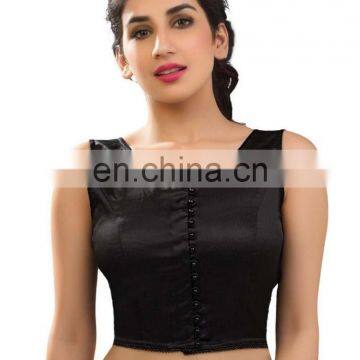 Designer black sleeveless blouse with loop buttons for women