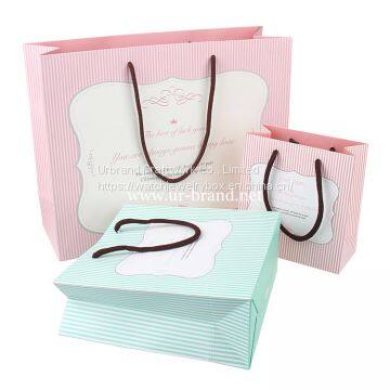 Wholesale Single Stripes Printed Custom Logo Gift Paper Bag with Cotton Handle