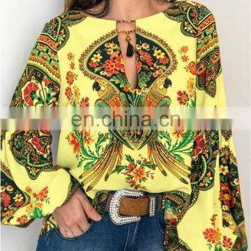 Wholesale women fully print long sleeve crew neck lace up shirt blouses and tops lady